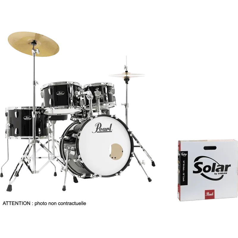 Batterie Pearl Roadshow Jazz 18" 5 fûts - Jazz 18/10/12/14/CC13 Jet Black + Hardware + Pack Sabian Solar 2 cymbales