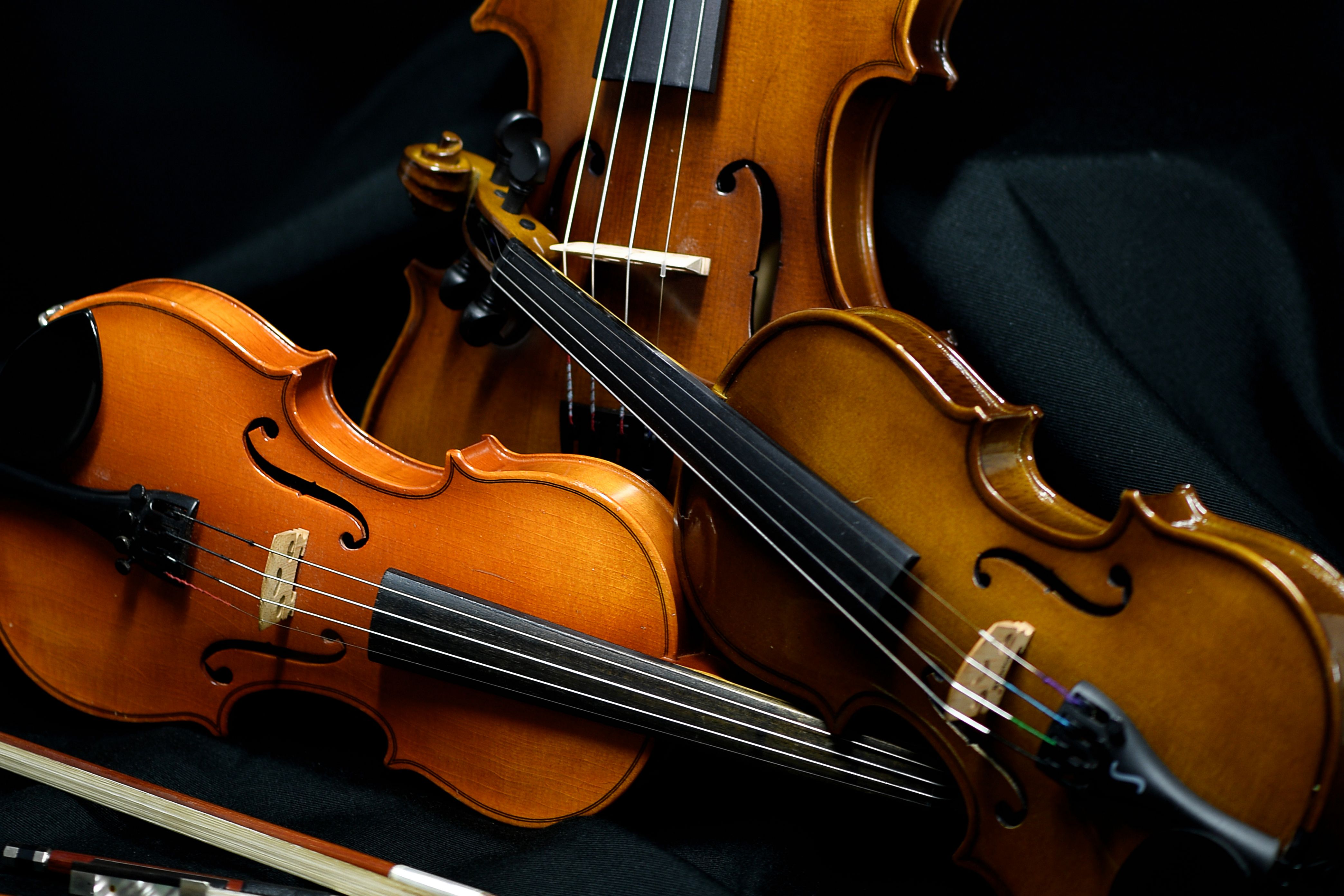 3 violons agencés sur un drap noir